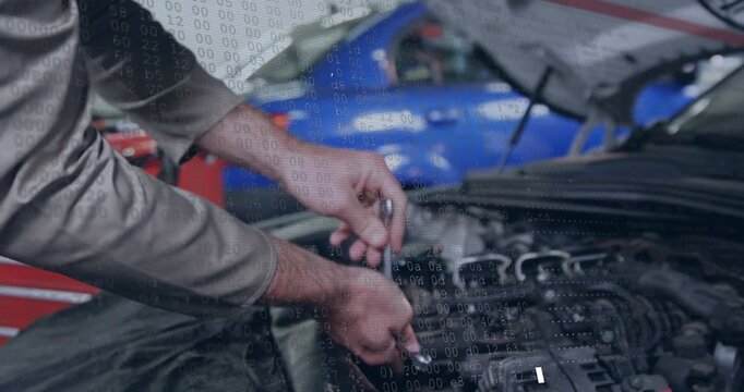 Tech reaching into pocket pulling wrench ratcheting bolts for repair with numeric overlay appearing