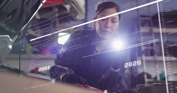 Auto mechanic holding lamp leaning on engine probing battery as year overlay sliding beam crossing