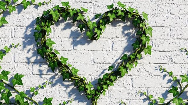 Heart shaped ivy leaves on white brick wall.