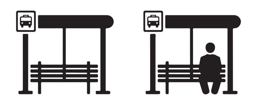 Public transportation bus stop icon set with passenger waiting at station shelter for transit navigation