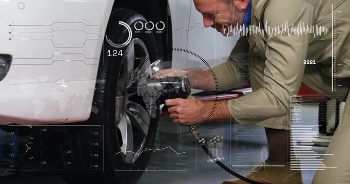 Auto tech placing impact wrench, engaging tool, checking lug nuts, rim, HUD gauges ensuring torque