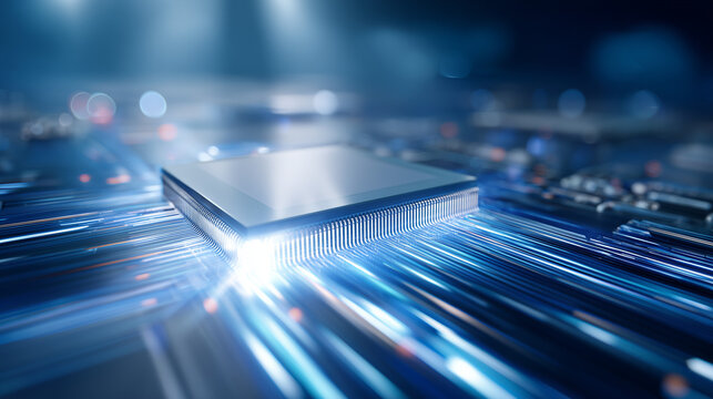 semiconductor microprocessor chip with blue data flow lines on motherboard, futuristic hardware technology central processing unit with digital light signals, advanced electronic circuit board 