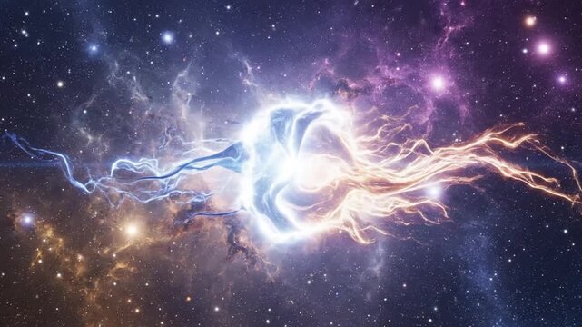 Blue and orange energy forms clashing in starry universe