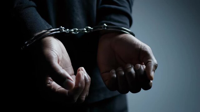Close-up of dark-skinned person's hands in handcuffs against a dark background, concept for crime documentary, legal consulting and social justice reportage