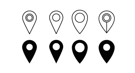 A collection of map pin icons in various styles and designs on a clean background, viewed from directly above © charli