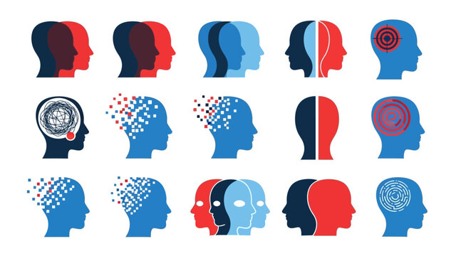 Human heads with diverse mental states and emotions represented through various split and colored illustrations showcasing psychological concepts and ideas from different viewpoints