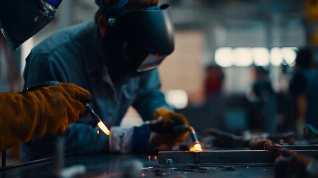 Medium shot of an apprentice actively engaging in welding practice under the watchful eye of an experienced technician.