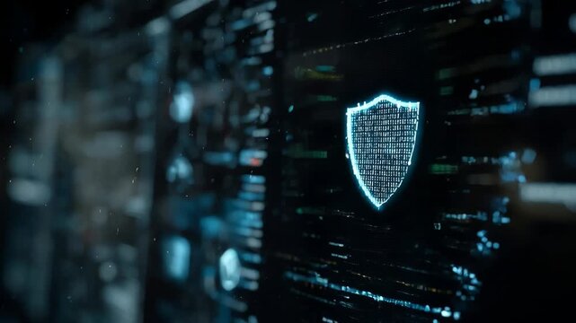Medium shot showcasing data encryption process with secure coding and shield icons on a computer screen
