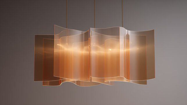 Peach-colored translucent plastic sheet light fixture suspended in mid-air against a clean neutral background