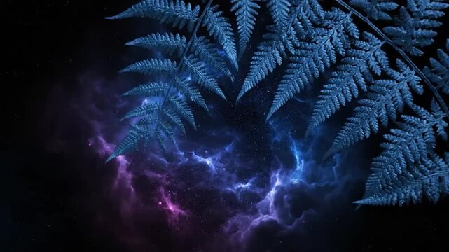 Blue fern fronds frame a nebula-filled night sky, blending the cosmic and earthly