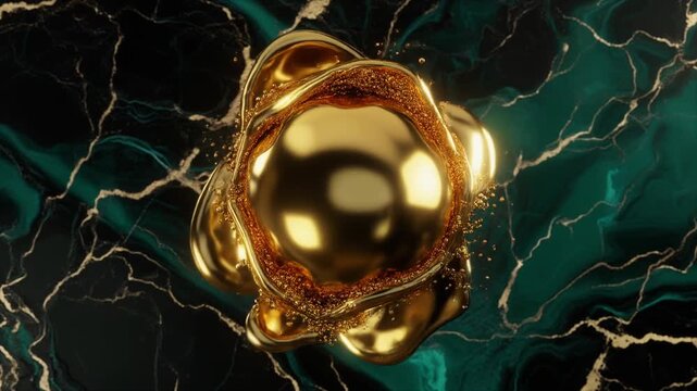 Luxurious golden sphere on dark green marble background.