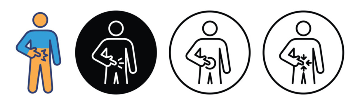 Appendicitis pain icon set showing abdomen symptom. Medical illustration of abdominal problem in color and outline style.