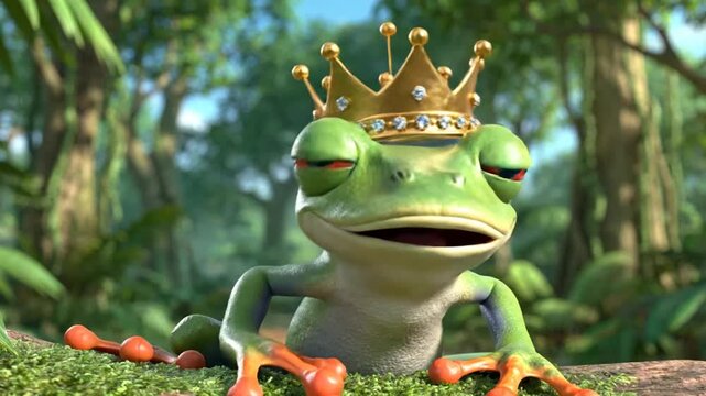 Cartoon frog king wearing golden crown in lush jungle forest