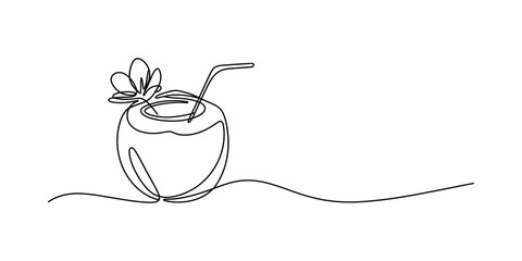 Continuous line drawing of a tropical coconut drink with a straw and a hibiscus flower. Vector, illustration © Badhon_Designer