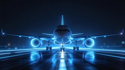 Fototapeta premium Airliner on runway with neon lights