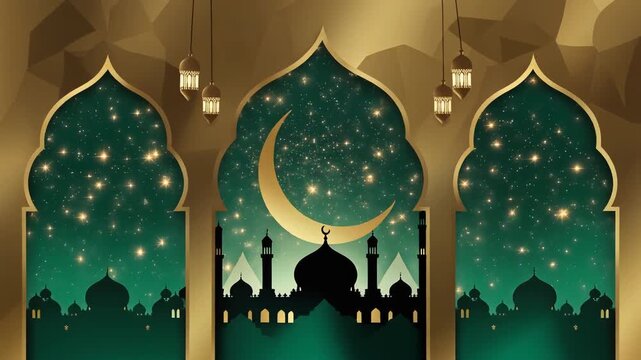 Islamic themed background with mosque silhouette and crescent moon.