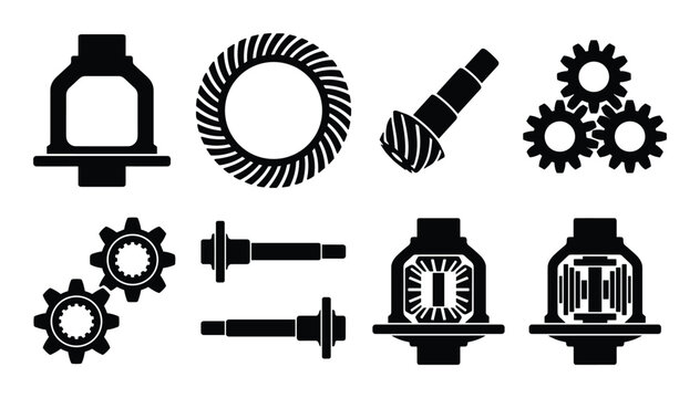 Black and white vector illustration of differential gear system components