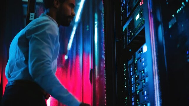 Medium shot of a professional adjusting energyefficient servers in a modern data center emphasizing sustainable IT infrastructure and reduced power consumption.