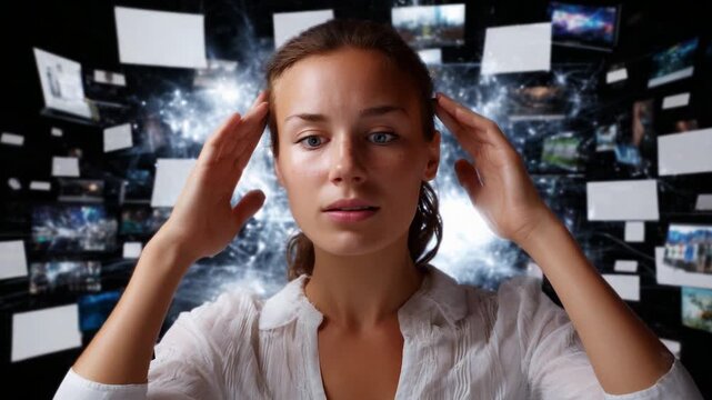 Woman with hands on temples surrounded by digital screens experiencing information overload or deep thought