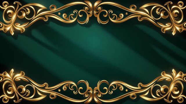 Luxurious gold ornate frame on dark green velvet background.