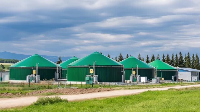 Medium shot of modern anaerobic digesters within a biogas plant emphasizing cuttingedge technology optimizing energy yield from industrial organic waste.