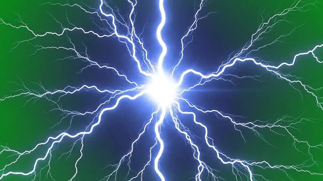 Bright electric lightning bolts radiating outwards from a central point against a green background
