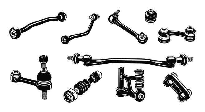 Car suspension parts vector set, including control arms, stabilizer bar, and ball joints, in black and white style