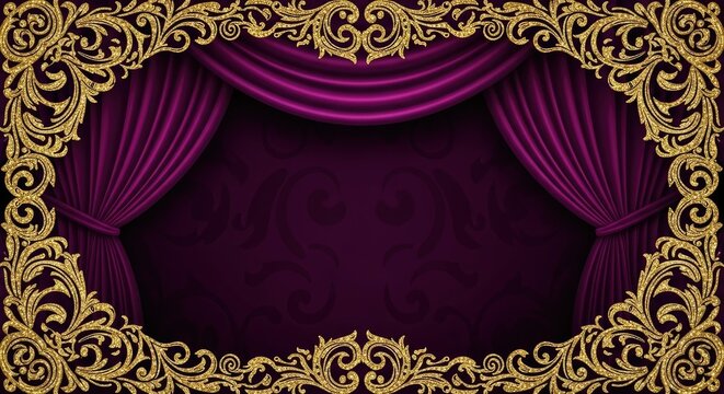 Golden filigree frame on violet curtain and patterned wall background with opened curtain concept for stage background presentation and luxurious decoration old fashion