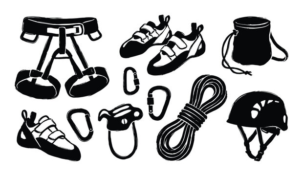 Climbing equipment vector illustration including harness, shoes, chalk bag, rope, carabiners, belay device and helmet.