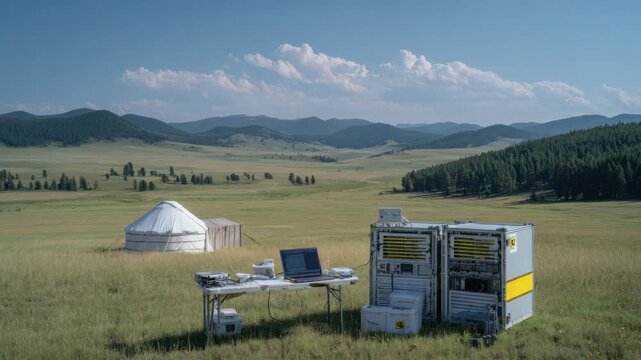 Medium shot showing costeffective geophysical equipment setup with simplified interface for efficient geological surveying outdoors