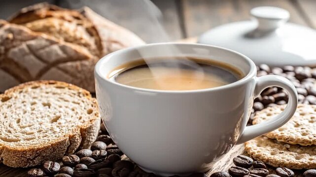 Steaming coffee cup with fresh bread and beans on wooden table