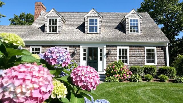 Classic Cape Cod style house with colorful hydrangeas on a sunny day