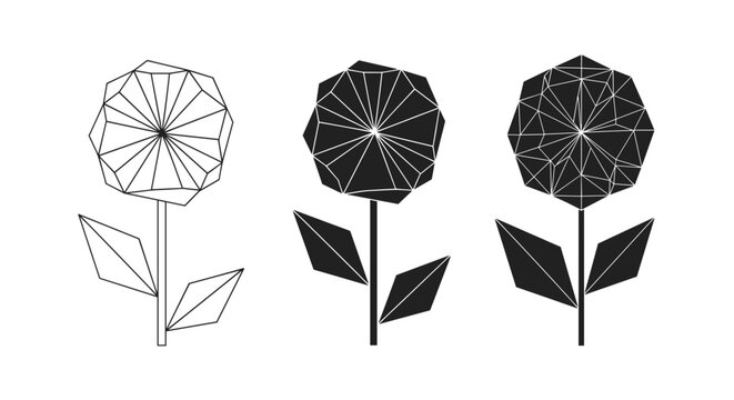 Geometric low poly flower illustrations in outline black silhouette and filled black variations symbolizing growth