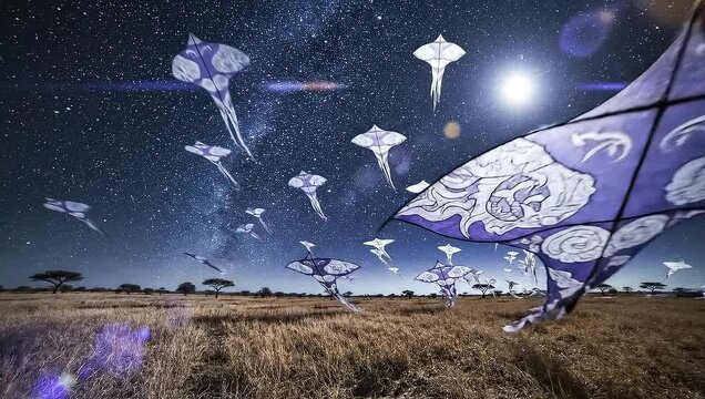 Dozens of intricately patterned kites ascend into a starry night sky above a dry savanna landscape, showcasing cultural flight and cosmic wonder.