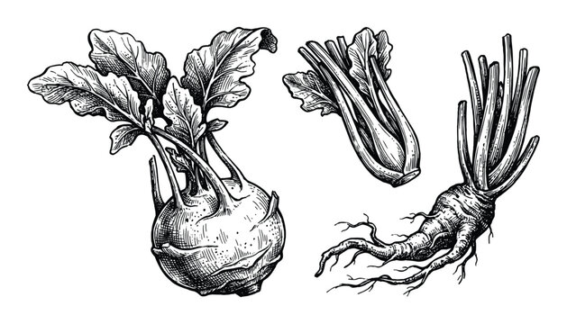 Engraved vector illustration of kohlrabi, celeriac, and celery, botanical drawing of edible vegetables