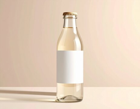 Blank glass beverage bottle mockup with white label on soft beige background