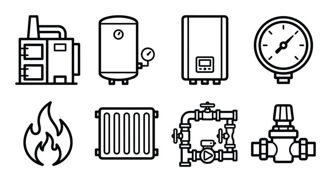 Heating system icons: boiler, radiator, manometer, pipes and fire isolated on white background