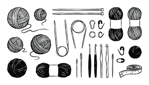 Knitting and crochet supplies vector illustration. Yarn balls, needles, hooks, safety pins, and tape measure collection
