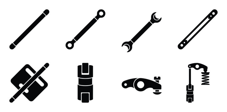 Mechanical part set, engineering components, tool silhouettes isolated design, machine parts vector illustration, black and white graphic.