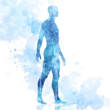 Blue human body silhouette with digital network overlay. Futuristic healthcare, neuroscience and medical technology concept on clean background.