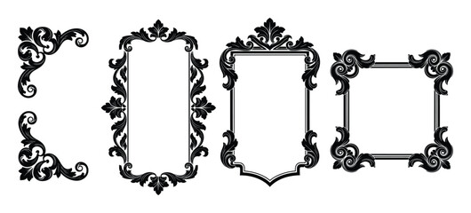 Ornate black frames and corners with flourish details for design and decoration projects.