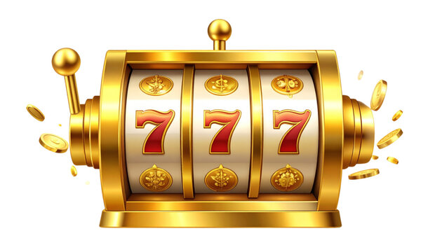 A golden slot machine with three illuminated reels and decorative elements ready for a spin isolated on transparent background
