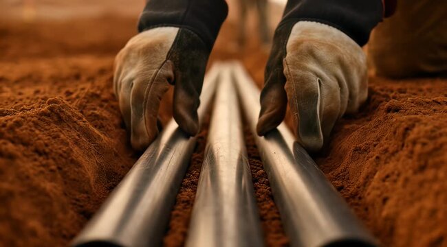 Construction worker hands in gloves installing metal pipes in excavated reddish soil trench, concept for infrastructure project development, pipeline installation and heavy industry work