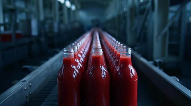 Rows of glass bottles filled with red liquid moving on a production conveyor belt in a dark factory setting, concept for food processing industry, beverage manufacturing and product packaging