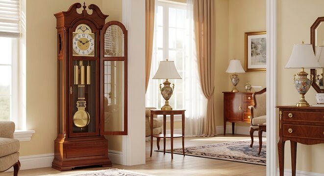 A grandfather clock stands beside a window in a living room with a lamp on a side table and a chair in the background.