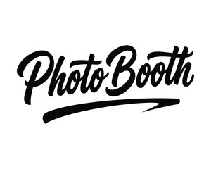 Obraz premium Photo Booth hand-lettering text with swoosh vector design element in black on white background, for photography business branding.