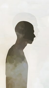 Vertical abstract double exposure male silhouette. Mental health, psychology and self awareness concept for therapy, mindfulness and personal growth branding.