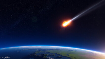 Fototapeta premium A meteor burns up in the earth's atmosphere as seen from orbit