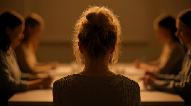 Rear view of focused female employee with blonde messy bun in backlit meeting setting, concept for team collaboration, corporate training and professional discussion