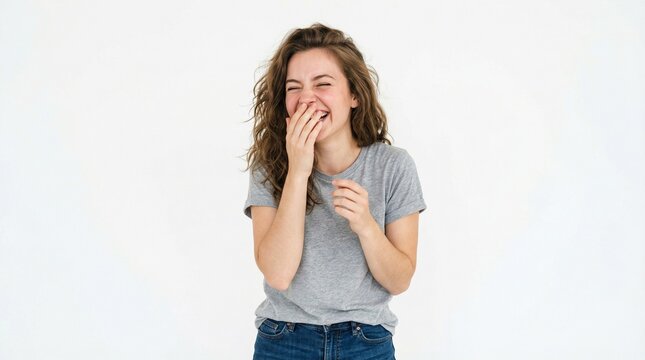 Candid portrait of a joyful young woman in a grey t-shirt laughing heartily and covering her mouth, isolated on a white background